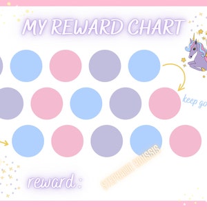May include: A printable reward chart featuring a unicorn and fairies. The chart has a grid of circles in pink, blue, and purple. The text "My Reward Chart" is at the top of the chart. The text "Start" is at the bottom left of the chart. The text "Finish!" is at the bottom right of the chart. The text "keep going!" is in the middle right of the chart. The text "reward:" is at the bottom left of the chart.