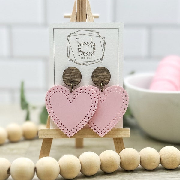 Valentine’s Day Heart Doily Earrings, Valentine’s Day Earrings, Heart Dangles, Valentine’s Day Dangles, Wood/Acrylic Earrings