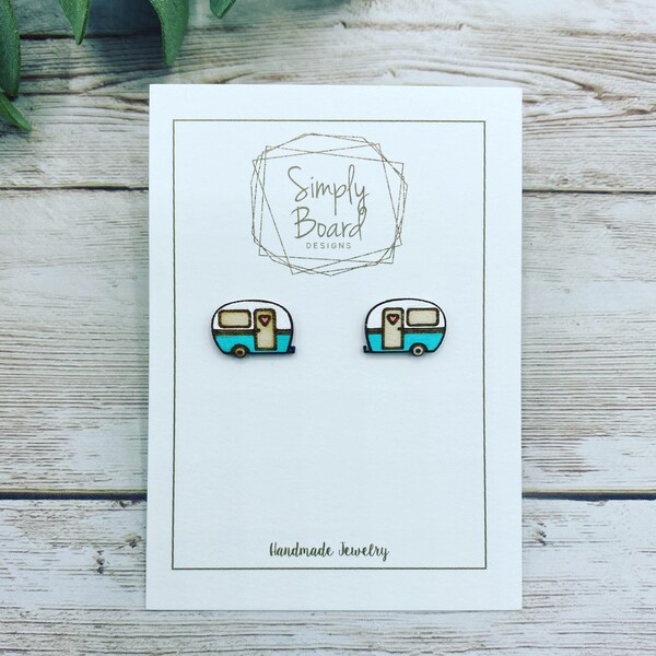Camper Earrings, Wood Earrings, Handpainted Stud Earrings, Vintage Camper Earrings, Hypoallergenic