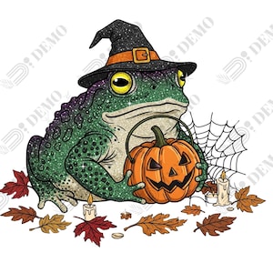 Witch Frog Halloween PNG, Pumpkin Toad with Hat and Candles, Fall Leaves, Spooky Cute Frog Clipart, Instant Download, Transparent