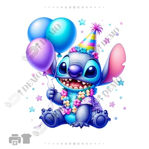 Stitch verjaardagshoed en ballonnen PNG, clipart Stitch PNG, transparante achtergrond, schattig Hawaiiaans, goede kwaliteit clipart, instant download