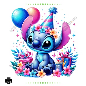 Stitch verjaardagshoed en ballonnen PNG, clipart Stitch PNG, transparante achtergrond, schattig Hawaiiaans, goede kwaliteit clipart, instant download