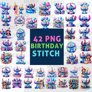 Stitch birthday PNG, bundle clipart Stitch, 42 PNGs, transparent background, Cute Hawaiian,  Clipart Good quality, instant download