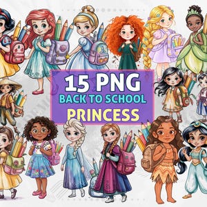 Watercolor Princess Clipart Bundle: Back to School PNG (Digital Download