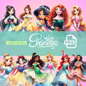 Princess Clipart PNG Bundle: Enchant projects with beloved characters like Snow White, Moana, Aurora, Belle, Jasmine, Mulan, Tiana
