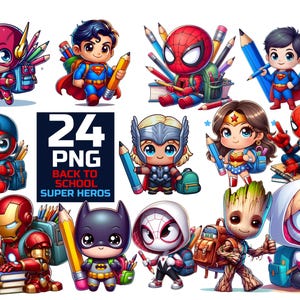 back to school PNG Bundle,  super heros,clipart 24 PNGs, PNG transparent, Cute superhero's back to school bundle Good quality, fast download