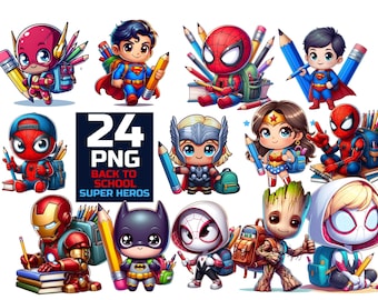 back to school PNG Bundle,  super heros,clipart 24 PNGs, PNG transparent, Cute superhero&#39;s back to school bundle Good quality, fast download