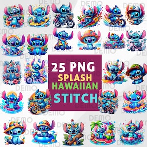 Stitch summer Clipart PNG, bundle 25 splash Stitch, Instant Download, Fun Character Art, Hawaiian stitch surfing