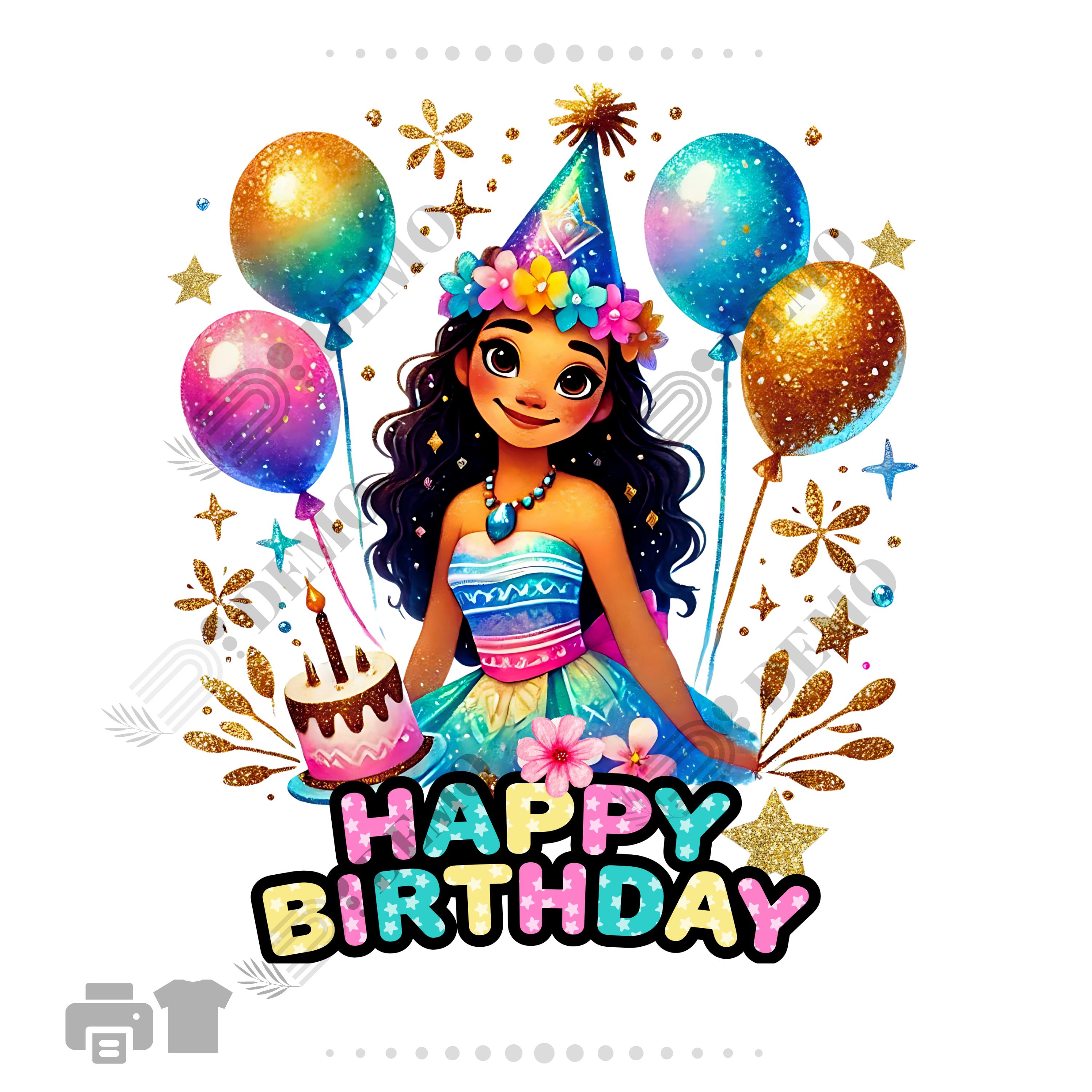 Birthday MOANA Clipart for Sublimation | Magical Party Illustration with Balloons, Cake, Glitter Effects, and Festive Elements, PNG file