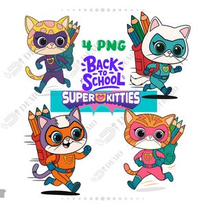 Super Kitties PNG Clipart Bundle: Back to School Invitation Graphics (Digital Download