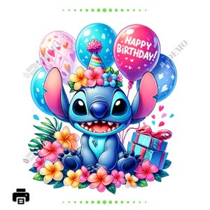 Stitch birthday hat and balloons PNG, clipart Stitch PNG, transparent  background , Cute Hawaiian,  Clipart Good quality, instant download
