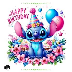 Stitch verjaardagshoed en ballonnen PNG, clipart Stitch PNG, transparante achtergrond, schattig Hawaiiaans, goede kwaliteit clipart, instant download