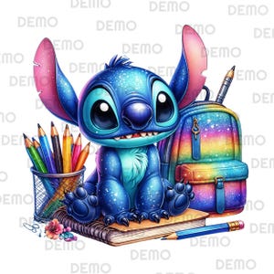 スティッチ バック トゥ スクール PNG、スティッチ PNG クリップアート、スティッチ PNG 透明、かわいいスティッチ バック トゥ スクール クリップアート 高品質、即時ダウンロード