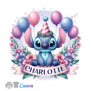 Gepersonaliseerde bloemen Stitch png-sublimatieontwerp downloaden, aangepaste naam Stitch png, schattige Stitch png, sublimeren ontwerpen downloaden, canva