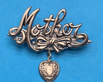 Mother Pin: Antique Gold Brooch with Dangling Heart