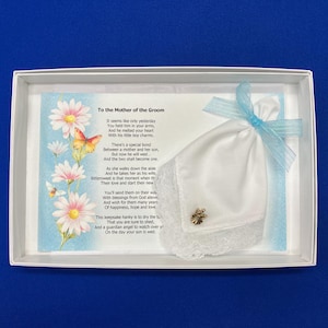 Mother of the Groom Gift from Friend, Wedding Handkerchief, Angel Pin Gift Set