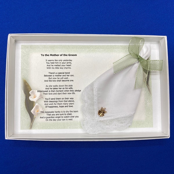 Mother of the Groom Gift from Friend, Wedding Handkerchief, Angel Pin Gift Set