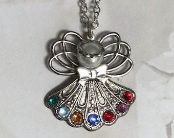 Birthstone Angel Necklace (7 stones on skirt) #253PN