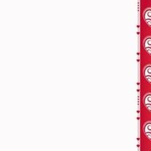 May include: White background with a red border on the left and a vertical red stripe on the right. The right stripe features five heart shapes with a white, swirling design inside each heart.