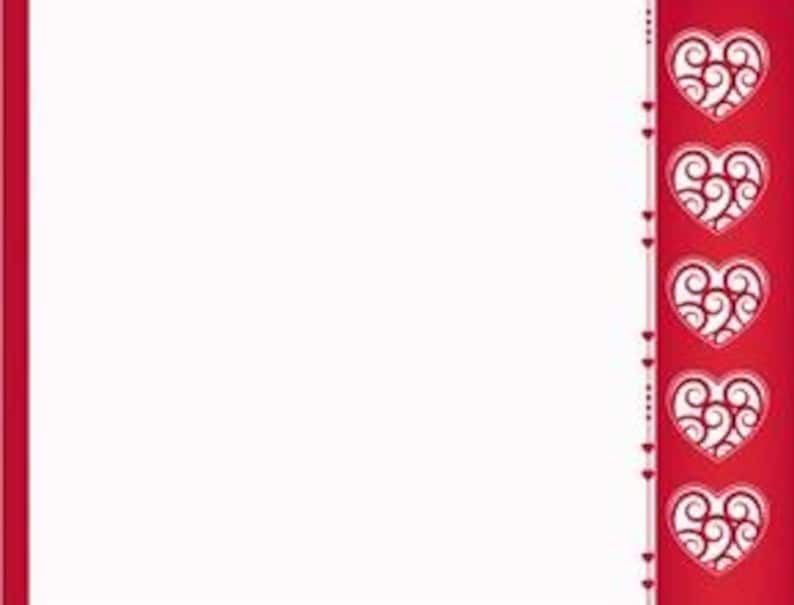 May include: White background with a red border on the left and a vertical red stripe on the right. The right stripe features five heart shapes with a white, swirling design inside each heart.