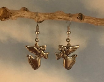 Antique Silver Angel Earrings: Flying Angel Dangles
