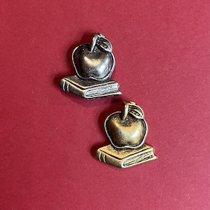 May include: Two metal apple-shaped pins, one silver and one gold, each atop a book. The pins have a detailed design, with the apple featuring a leaf and the book showing page lines. The background is a solid red.