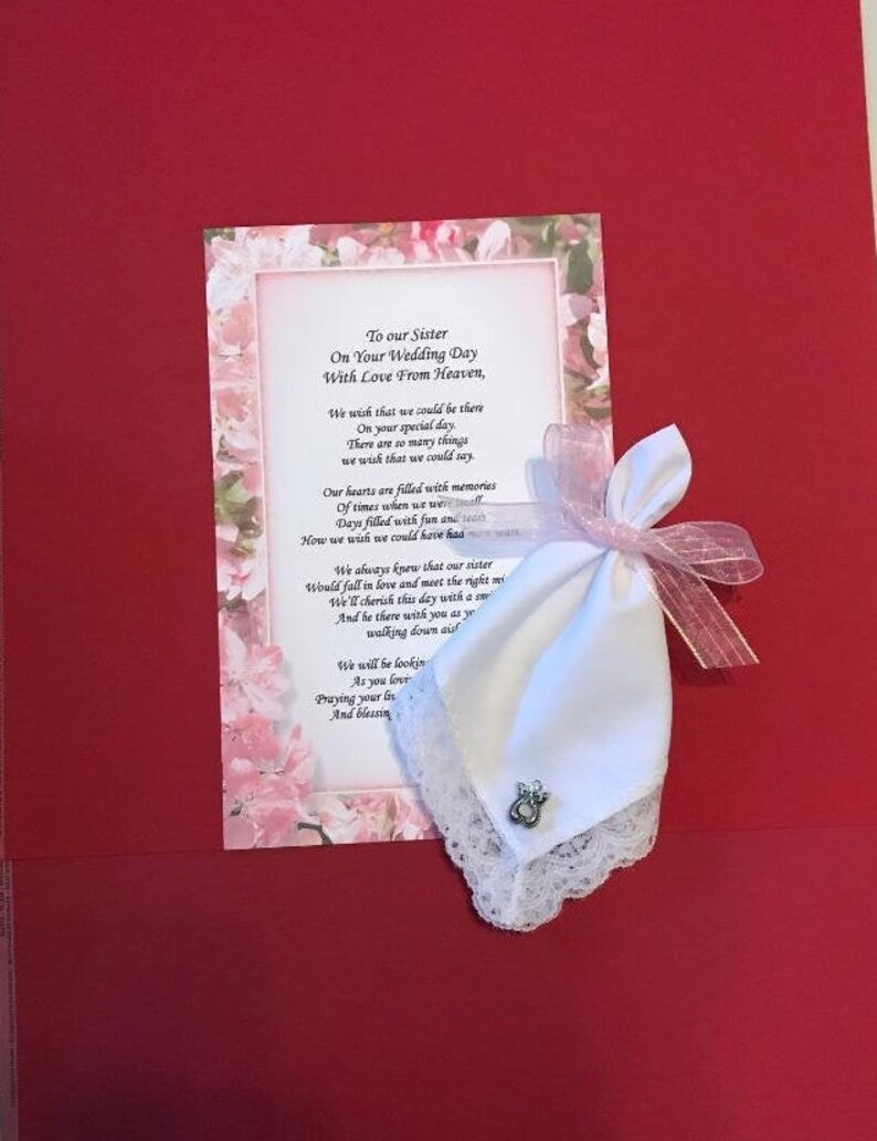 On Your Wedding Day Hanky /& Angel Pin Set To Our Sister With Love From Heaven