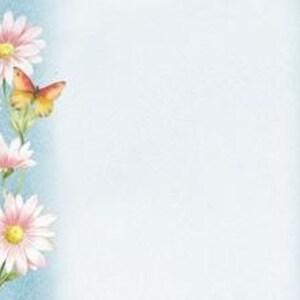 May include: A watercolor illustration features several daisies with pink petals and yellow centers, accompanied by two orange and yellow butterflies. The flowers and butterflies are arranged on the left side against a light blue background.