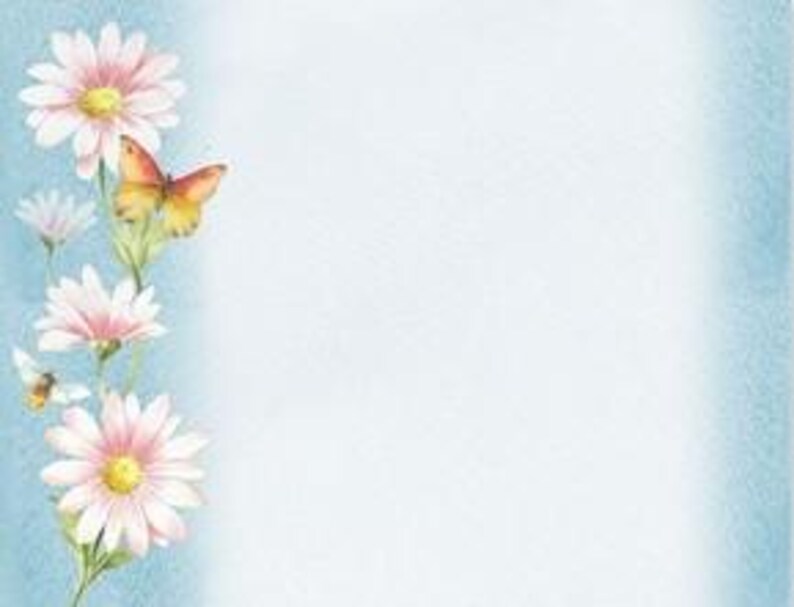 May include: A watercolor illustration features several daisies with pink petals and yellow centers, accompanied by two orange and yellow butterflies. The flowers and butterflies are arranged on the left side against a light blue background.