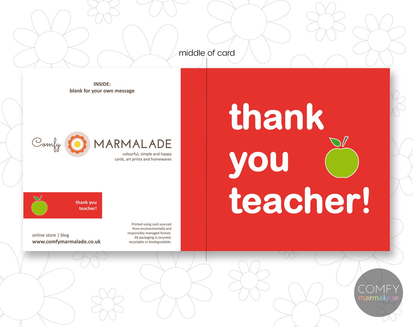 THANK YOU TEACHER Blank Greetings Card by Comfy Marmalade Etsy