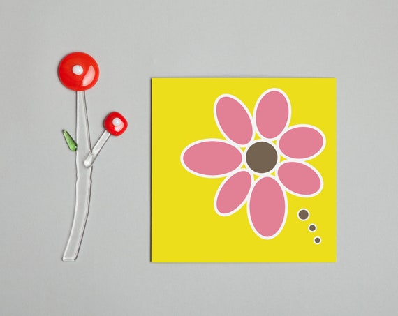 Flower Blank Greetings Card By Comfy Marmalade Pink Yellow Etsy