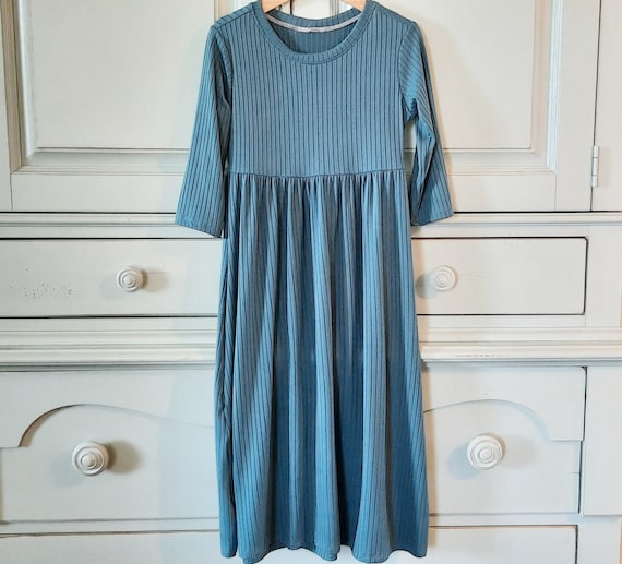 modest knit dresses Jewel tones Jade green rib Handmade girls dress Short sleeved dress Maxi dress for girls Teal blue rib knit dress with gathers AL:September26