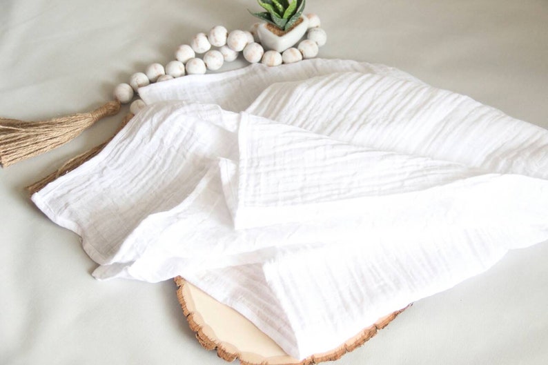 Pom Pom Swaddle Muslin Baby Blanket White Muslin Blanket Tan Etsy