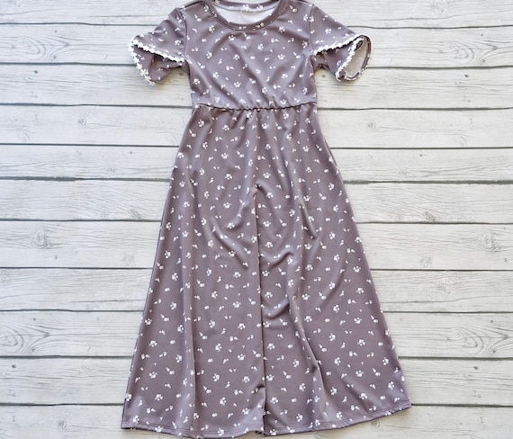 ditsy floral knit dress Lavender for girls with elastic waist and tulip sleeves Modest handmade spring dress for little girls Wash and wear festival costume