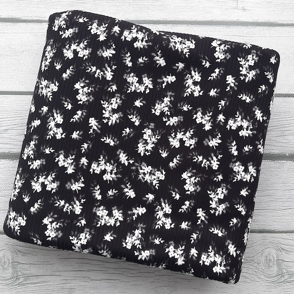 Small white floral on black Yummy rib ditsy floral print 4x2 Rib knit fabric by the yard Knit dress fabric by the yard Black with white flor