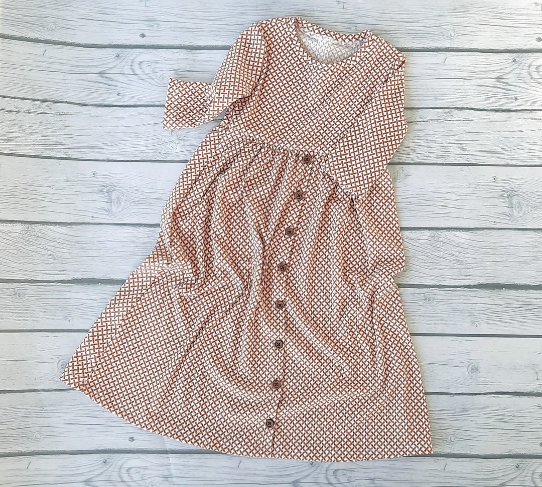 Rust Geometric Print Dress With Buttons Fall Modest Maxi Dress for Girl ...
