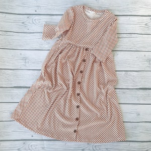 Rust geometric print dress with buttons Fall modest maxi dress for girl Summer dress for girl Handmade school Short sleeve dress for toddler