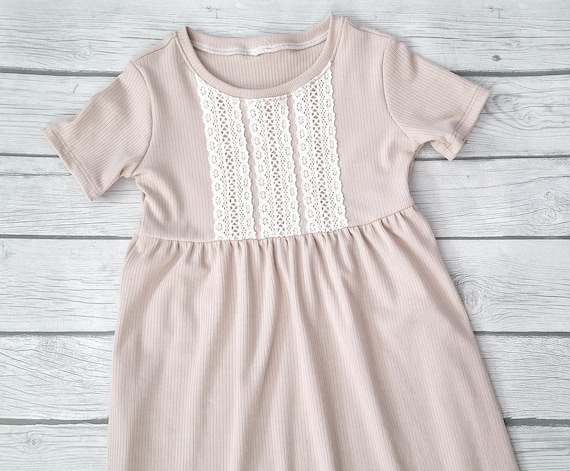 beige easter dress for girls tan rib knit maxi dress with lace on bodice Neutral dress for family photos Off white lace summer dress Color:Mediterranean Blue