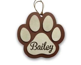 Personalized Dog Paw Print Christmas Ornament, Wood Custom Pet Name Christmas Ornament, Dog Paw Holiday Ornament, Rustic Dog Ornament