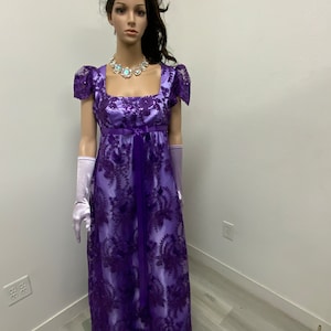 bridgerton purple dress Bridgerton Dress: Purple Ruffle Lace Regency Gown With Hat & Sash