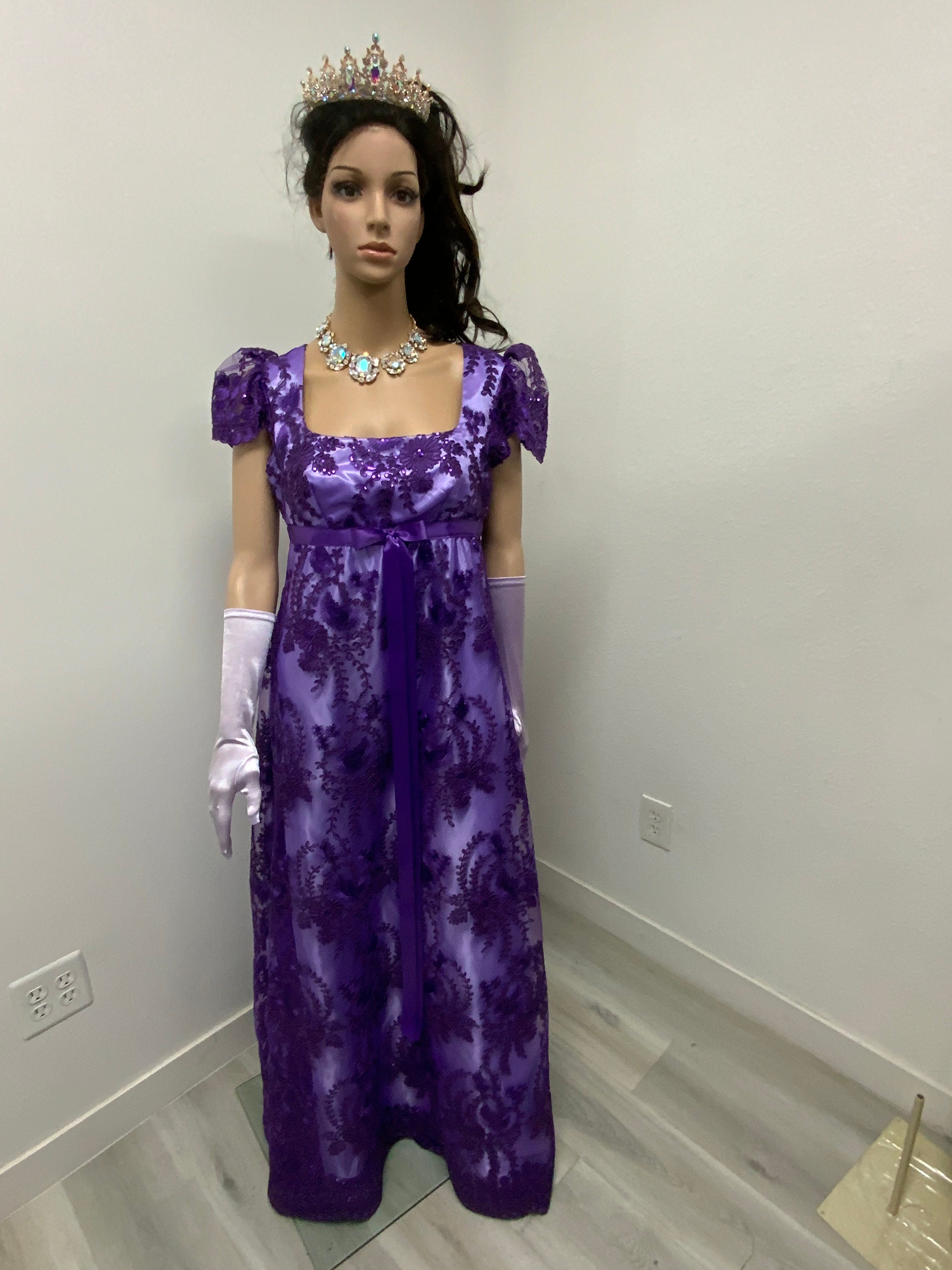 fitted lace wedding dress Regency Era Purple Lace Dress Embroidered Empire Waist Ball Gown Plus Size US16 / Purple main image 1