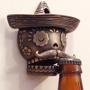 Bronze Sugar Skull Bottle Opener – Wall Mounted Sombrero Opener – Day of the Dead Decor – Rustic Bar Gift – Cast Metal Beer Opener