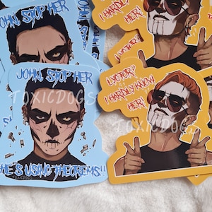 May include: Four colorful stickers with illustrations of people and text. The stickers are on a white surface. The text on the stickers reads "John Stop Her", "I Hardly Know Her", "Lyctor? I Hardly Know Her!" and "He's Using Theorems!"
