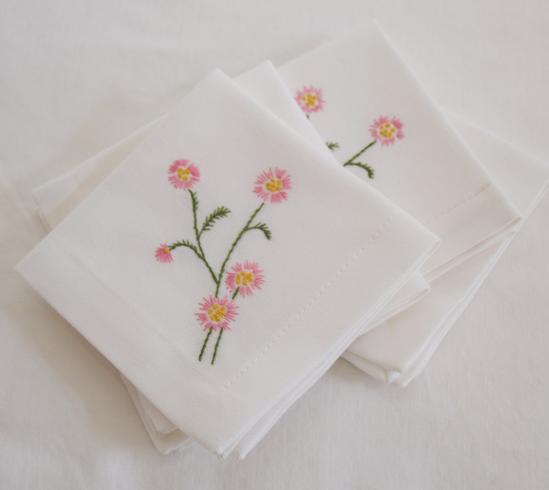 Daisy Cocktail Napkin Set Pink Daisies Hand Embroidered Etsy UK
