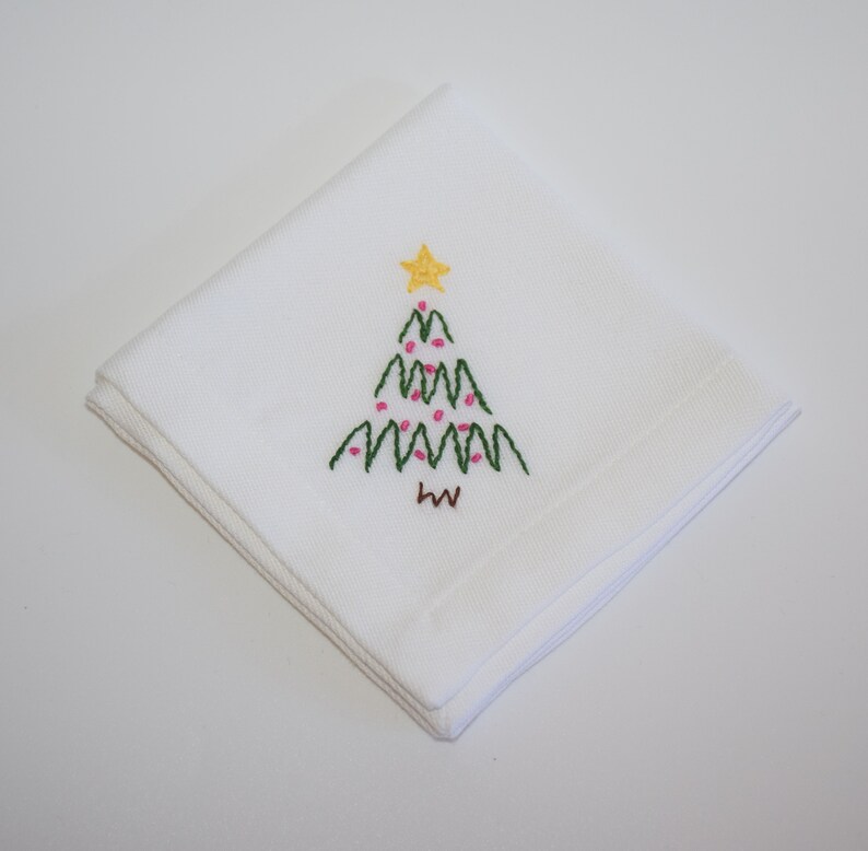 Christmas Tree Cocktail Napkin Set, Hand Embroidered White Cotton