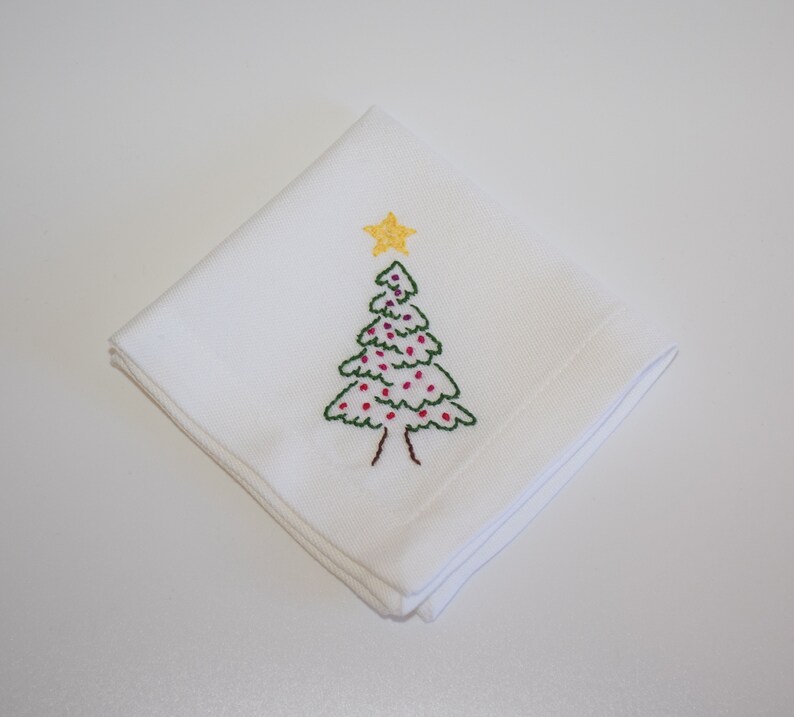 Christmas Tree Cocktail Napkin Set, Hand Embroidered White Cotton