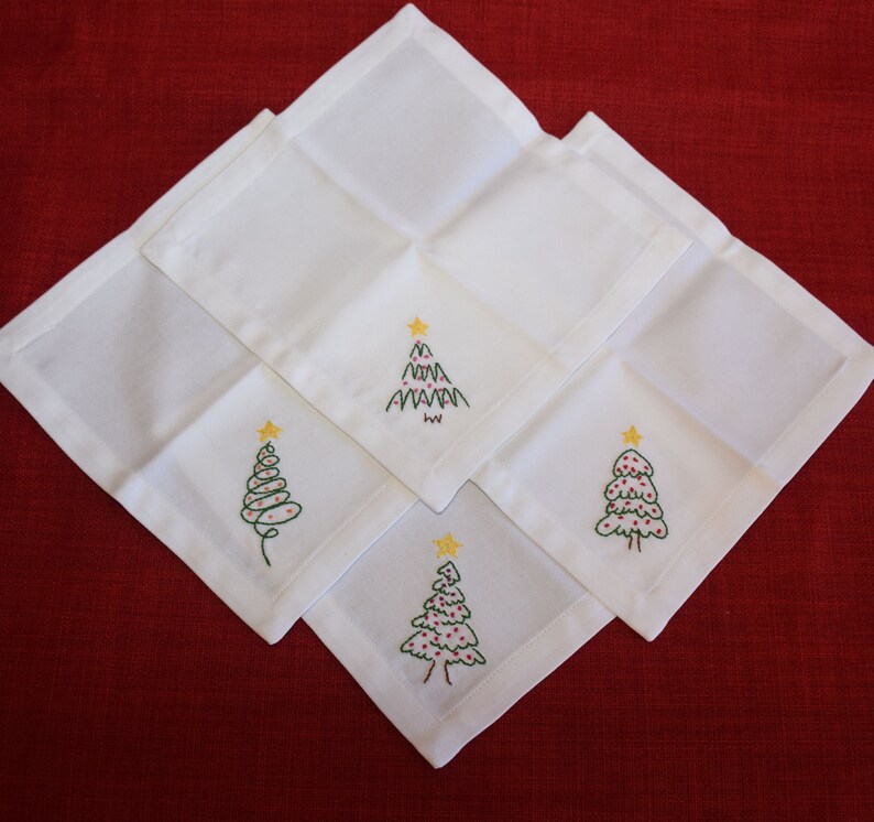Christmas Tree Cocktail Napkin Set, Hand Embroidered White Cotton