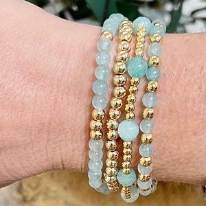 14k gold filled aventurine gemstone beaded stacking stretch bracelets. Beautiful worn as stack or individually.