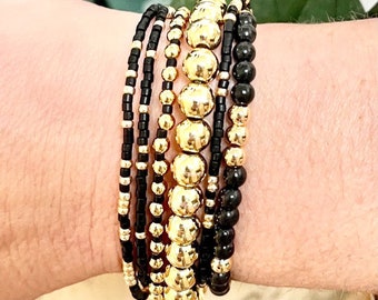 14k gold filled and black onyx beaded stacking stretch bracelets. 2,3,4,6mm beautiful high quality beads.