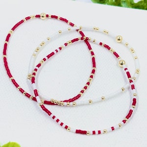Crimson Red, white and 14k gold filled seed bead bracelets. Alabama, South Carolina, Arkansas gameday jewelry. Perfect graduation gift!